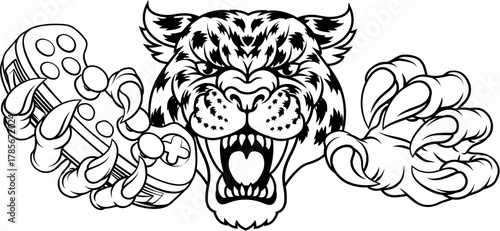 A jaguar, panther, leopard or cheetah wildcat spotted cat gamer sports mascot holding a video game controller