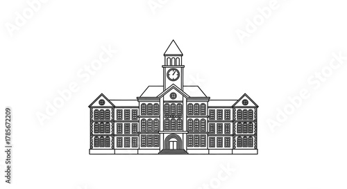 Detailed black and white line drawing of a grand institutional building with a prominent central clock tower and symmetrical wings.