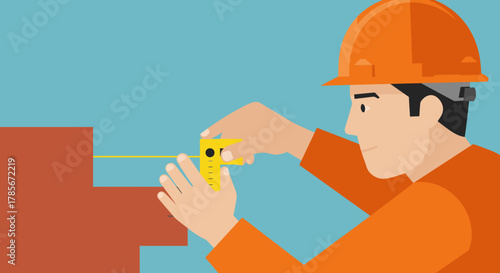 A construction worker in an orange hard hat precisely uses a laser level to ensure accurate alignment on a developing brick wall, demonstrating modern skills.
