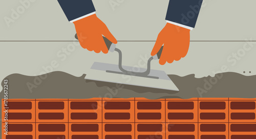 A professional bricklayer's gloved hands expertly apply fresh mortar with a trowel, meticulously building a sturdy wall, symbolizing construction and craftsmanship.