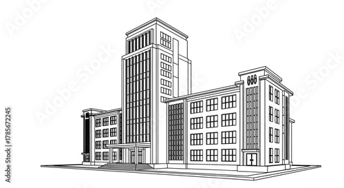 Architectural illustration of a modern building with a tall tower and multiple floors.