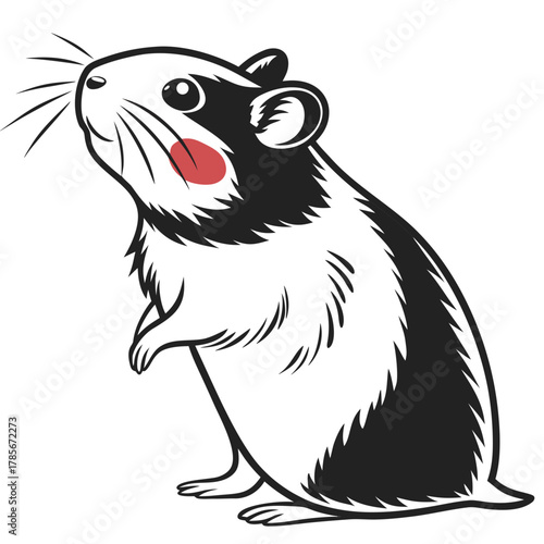 White back ground a black and white illustration of a hamster red colour.