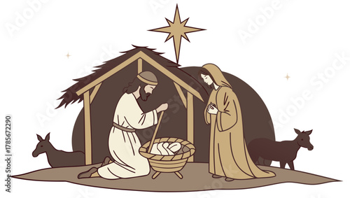 Nativity scene illustration, depicting the birth of Christ