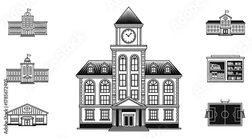 A set of monochrome icons depicting various school, college, and university campus buildings and facilities.