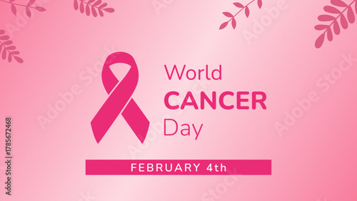 World cancer day background. World cancer day symbolizes february 4th, promoting awareness with a pink ribbon. Ideal for health campaigns, educational materials, and medical websites.