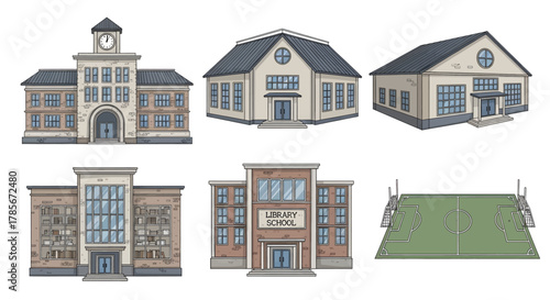 Illustration of various school buildings, including a clock tower, library, and gymnasium, with a sports field.