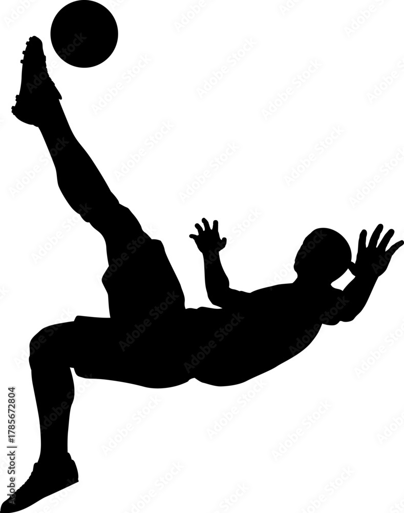Naklejka premium A football soccer player sports man in silhouette performing a scorpion kick.
