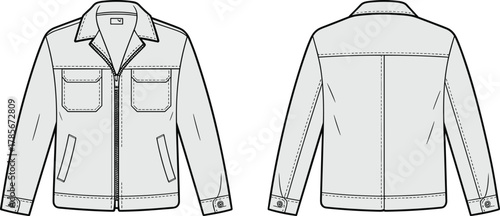 Jacket flat sketch, collared outerwear template, fashion technical drawing, apparel design outline, clothing mockup, garment illustration, vector front and back view
