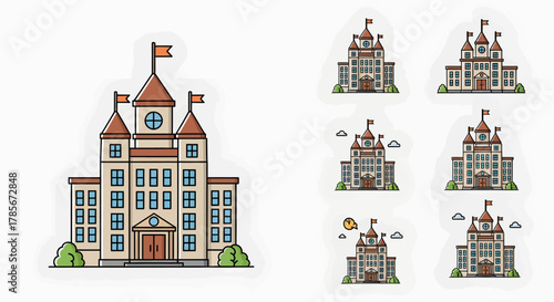 Cartoon illustration of a grand building with towers and flags, resembling a university or castle, presented in various styles.