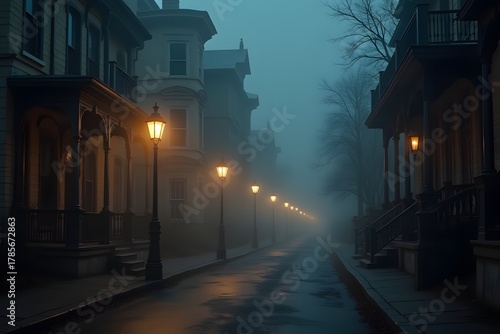 Fototapeta Naklejka Na Ścianę i Meble -  Deserted Victorian street with gas lamps glowing through fog.