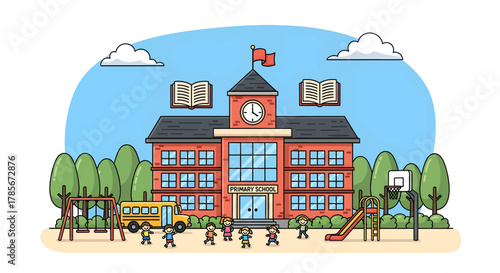 Cartoon illustration of a school building with children playing in the front yard playground.