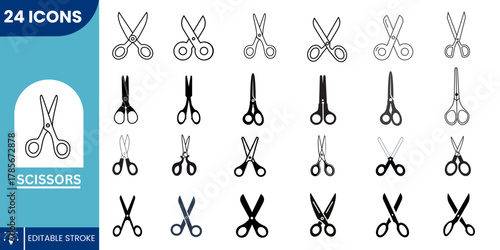 24 Stylish Scissors Icon Collection in Flat Vector Design for Sewing, Crafting, Barber Tools, and Office Supplies – Editable and High-Quality Icons.
