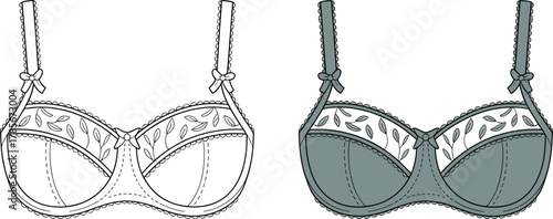 Lingerie bra technical illustration, front and back view, adjustable straps, embroidery detail, bow accent, fashion design, garment template, clothing sketch