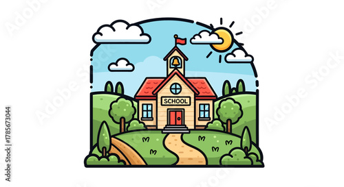 Illustration of a school building on a hill with trees and clouds.