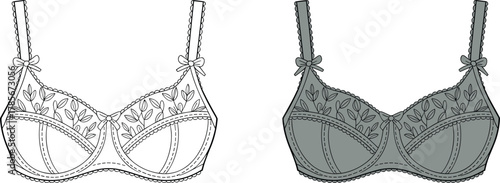 Lingerie bra technical illustration, front and back view, floral embroidery, scalloped edges, bow detail, structured cups, fashion design, garment template