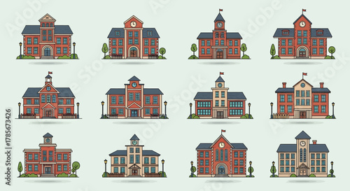 Collection of various detailed illustrations of different types of buildings, showcasing architectural diversity.