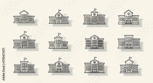 Collection of school building illustrations in a row.