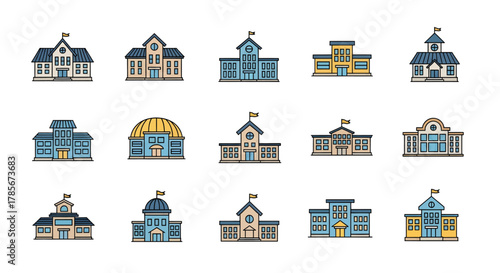 Collection of government buildings in cartoon style, vector illustration.