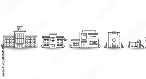 A set of black and white line art icons depicting various school buildings and facilities.
