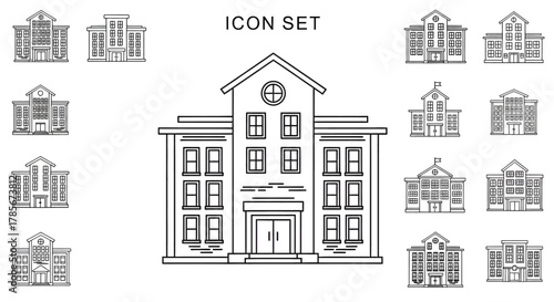 Icon set featuring various detailed outline illustrations of different building types and architectural structures.