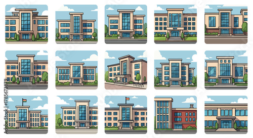 Collection of various modern building illustrations, showcasing architectural designs and facades.
