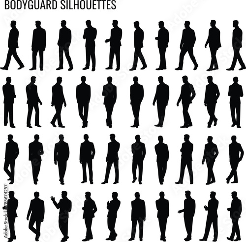 Bodyguard silhouettes, security poses, male figures, standing guards, alert stances, protective posture, black shadows, defense icons, uniformed men, tactical presence, 