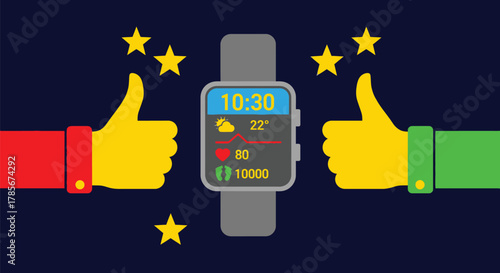 Smartwatch fitness tracker health app digital watch thumbs up stars editable