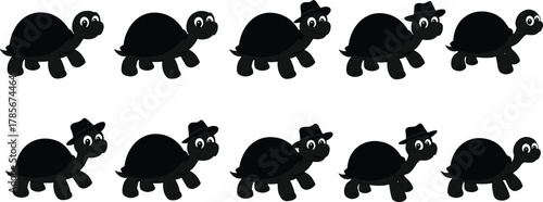 Cartoon turtle pattern, black hat turtle, alternating turtle design, cute turtle illustration, vector turtle grid, whimsical animal art, turtle character sequence, playful reptile concept