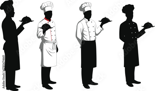 Chef silhouettes, professional kitchen staff, culinary team, restaurant service, chef uniform, serving dish, hospitality industry, gourmet presentation, food service, chef attire, teamwork, catering**