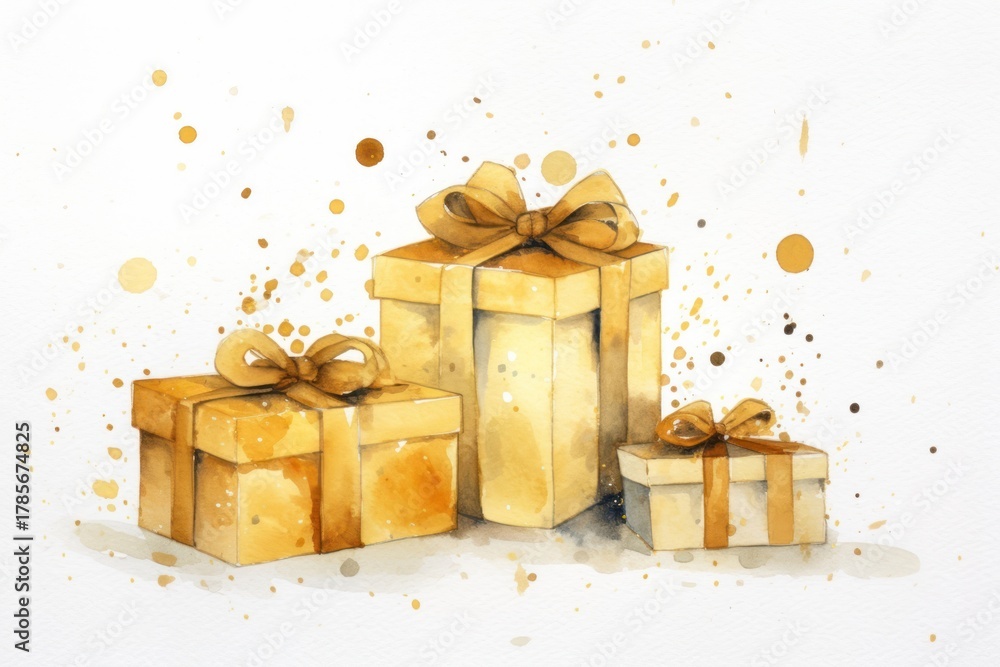 Naklejka premium Gifts watercolor background gold celebration decoration.