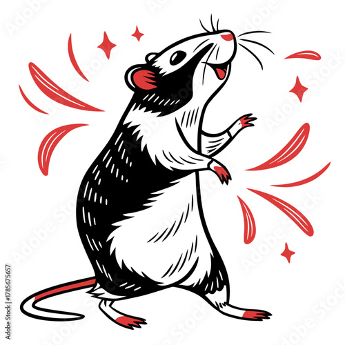 White back ground a black and white illustration of a red colour hamster dancing.