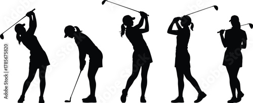 Golf swing silhouette, female golfer motion, athletic posture, sports technique, training sequence, dynamic movement, black figure, white background, instructional image, golf club action**