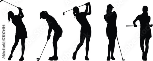 Golf silhouette collection, swing motion, putting stance, follow-through pose, relaxed golfer, sports action, black figure, golfing technique, athletic posture, minimalist design, vector art