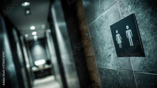 Modern restroom sign on a dark, textured wall with a blurred hallway in the background