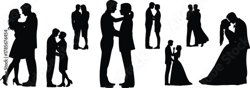 Romantic couple silhouettes, love poses, wedding embrace, dancing lovers, intimate moments, black and white art, relationship concept, affectionate pairs, romantic gesture illustration