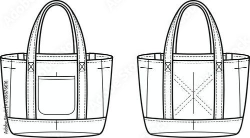 Tote bag technical drawing, front view, back view, patch pocket, reinforced handles, stitching detail, fashion sketch, product design, accessories