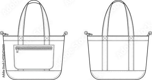 Tote bag technical sketch, front view, back view, zipper pocket, double handles, reinforced stitching, fashion design, product illustration, accessories