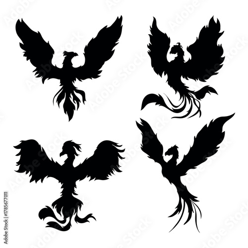 Majestic Fiery Phoenix Silhouette Collection. Symbols of Rebirth, Power, and Eternal Flame