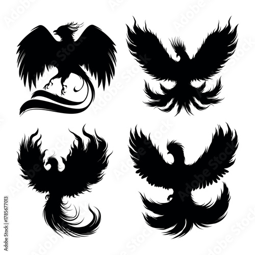 Majestic Fiery Phoenix Silhouette Collection. Symbols of Rebirth, Power, and Eternal Flame