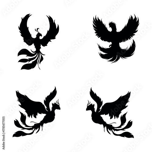 Majestic Fiery Phoenix Silhouette Collection. Symbols of Rebirth, Power, and Eternal Flame
