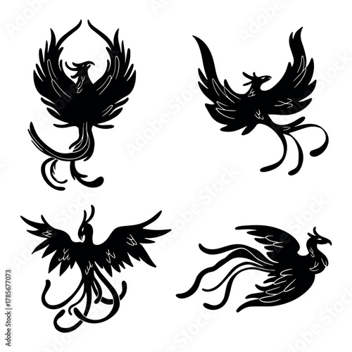 Majestic Fiery Phoenix Silhouette Collection. Symbols of Rebirth, Power, and Eternal Flame