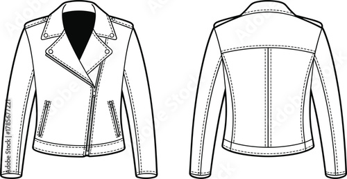 Women’s motorcycle jacket flat sketch, fashion technical drawing, apparel design template, clothing outline, garment illustration, vector mockup, front and back view, stylish outerwear