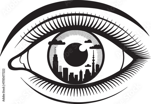 Urban city skyscraper skyline inside eye pupil vector abstract illustration observation viewpoint concept artwork