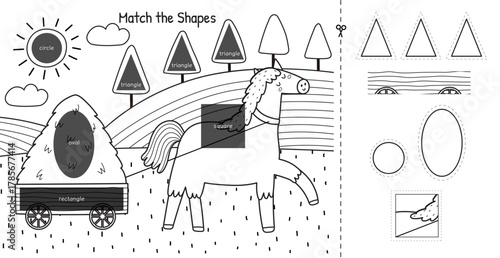 Match the shapes game in outline for kids with a cute horse. Cut and glue activity page in black and white for preschool. Learning geometric shapes worksheet. Vector illustration
