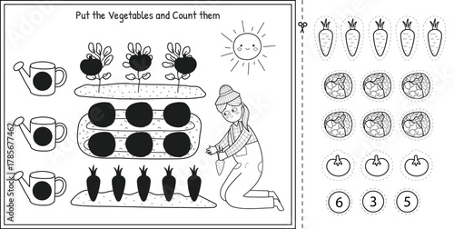 Cut and glue game in outline with a cute girl farmer and vegetables. Match the vegetables and count them educational activity page for kids. Vector illustration