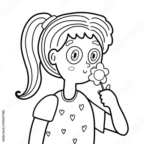 Cute girl smelling a flower in outline. Five senses: smell. Educational print for kids. Great for coloring page. Vector illustration