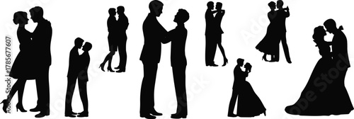 Silhouettes of dancing couples, ballroom poses, romantic moments, wedding dance, child and adult dancing, elegant movement, black figures, graceful choreography, timeless dance art