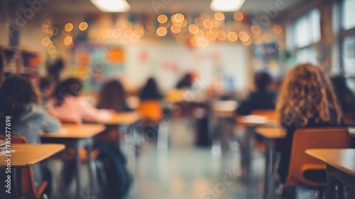 Blurred image of students sitting at desks in a classroom during a lesson