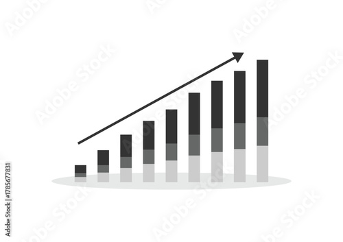 Stock and investment concept. Column graph with upper arrow on a white background. Bullish market, profit of wealth, high risk high return, business growth up.