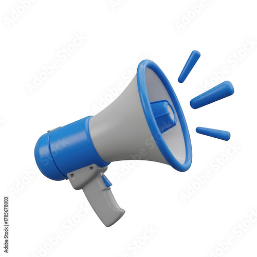 Blue and white megaphone with sound waves isolated on transparent background isolated on white background